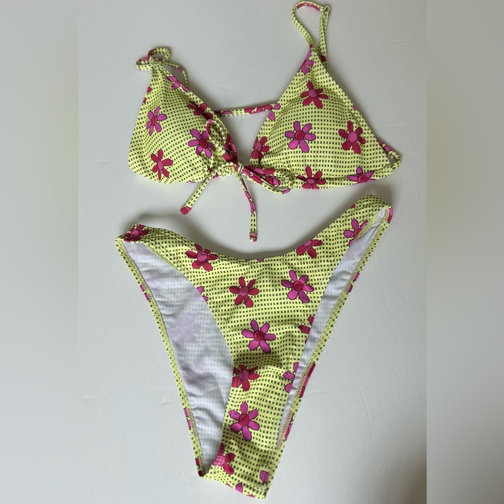 Floral Two-Piece Swim Set - Yellow with Pink Flowers